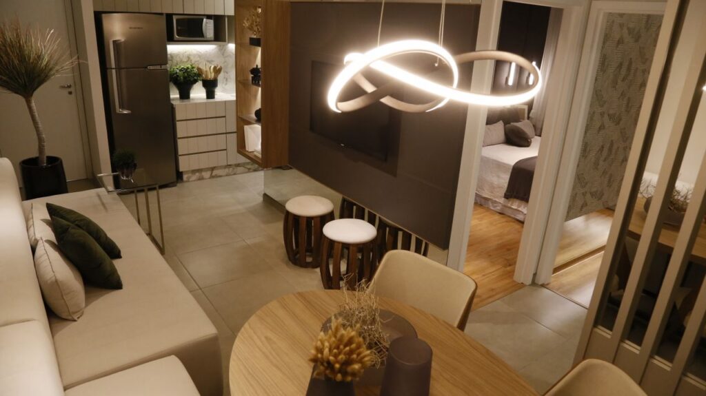 Stylish modern apartment living room with contemporary decor and lighting.